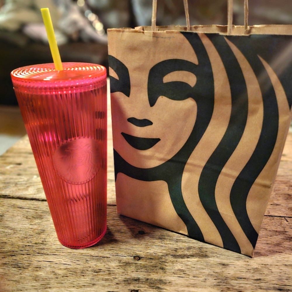 *New/Never Used* Starbucks 2022 Pink Vertical Lines, Mirror/Texture 24oz Tumbler